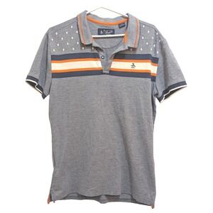 Original Penguin Men's L Grey Polo‎ Cotton Striped Retro Logo Shirt